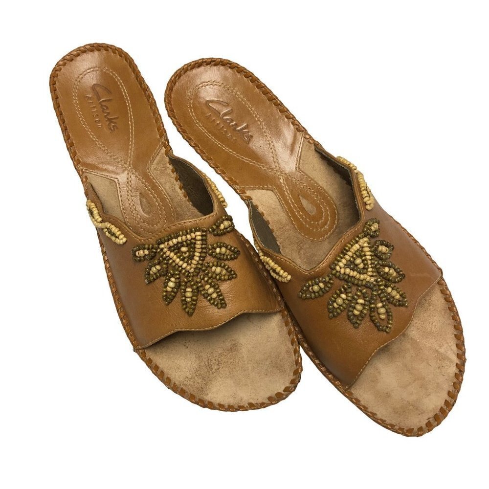 CLARKS ARTISAN TAN‎ LEATHER UPPER BEADED SANDALS SIZE 9.5M